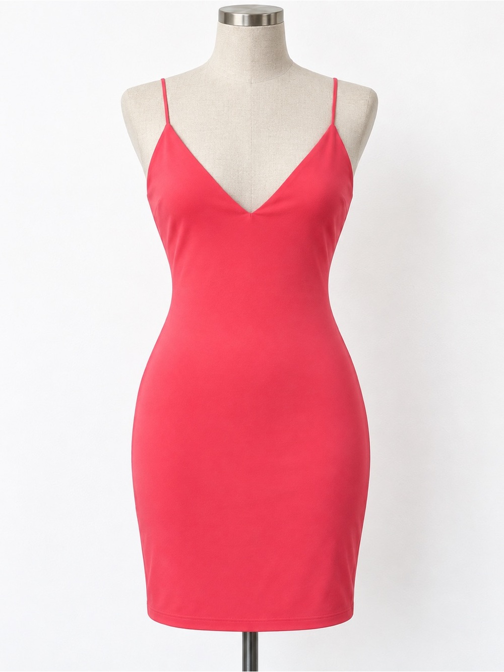 Fitted Spaghetti Strap V-Neck Dress in hot pink